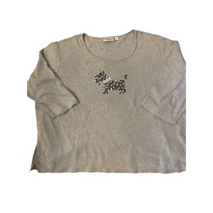 Quacker Factory‎ Shirt 3/4 Gray SZ 3XL Sleeve Top Beaded Scottie Dog Rhinestones